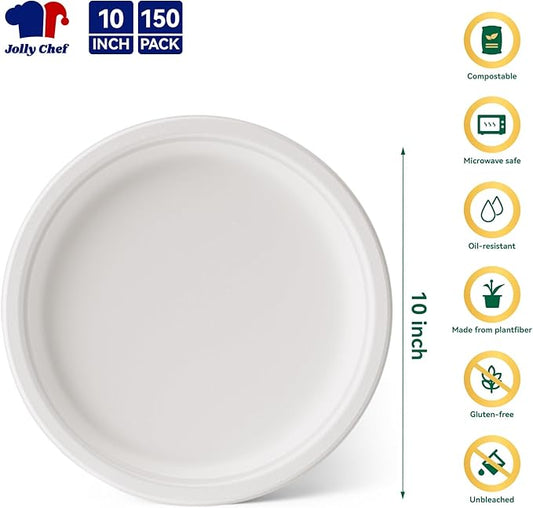 JOLLY CHEF Compostable Heavy Duty Plates 𝟭𝟬 𝗜𝗻𝗰𝗵 [𝟭𝟱𝟬 𝗣𝗮𝗰𝗸] Eco-Friendly Disposable Uncoated Paper Plates Bagasse Biodegradable Bulk for Party Dinner Hot Cold Food Christmas (White)