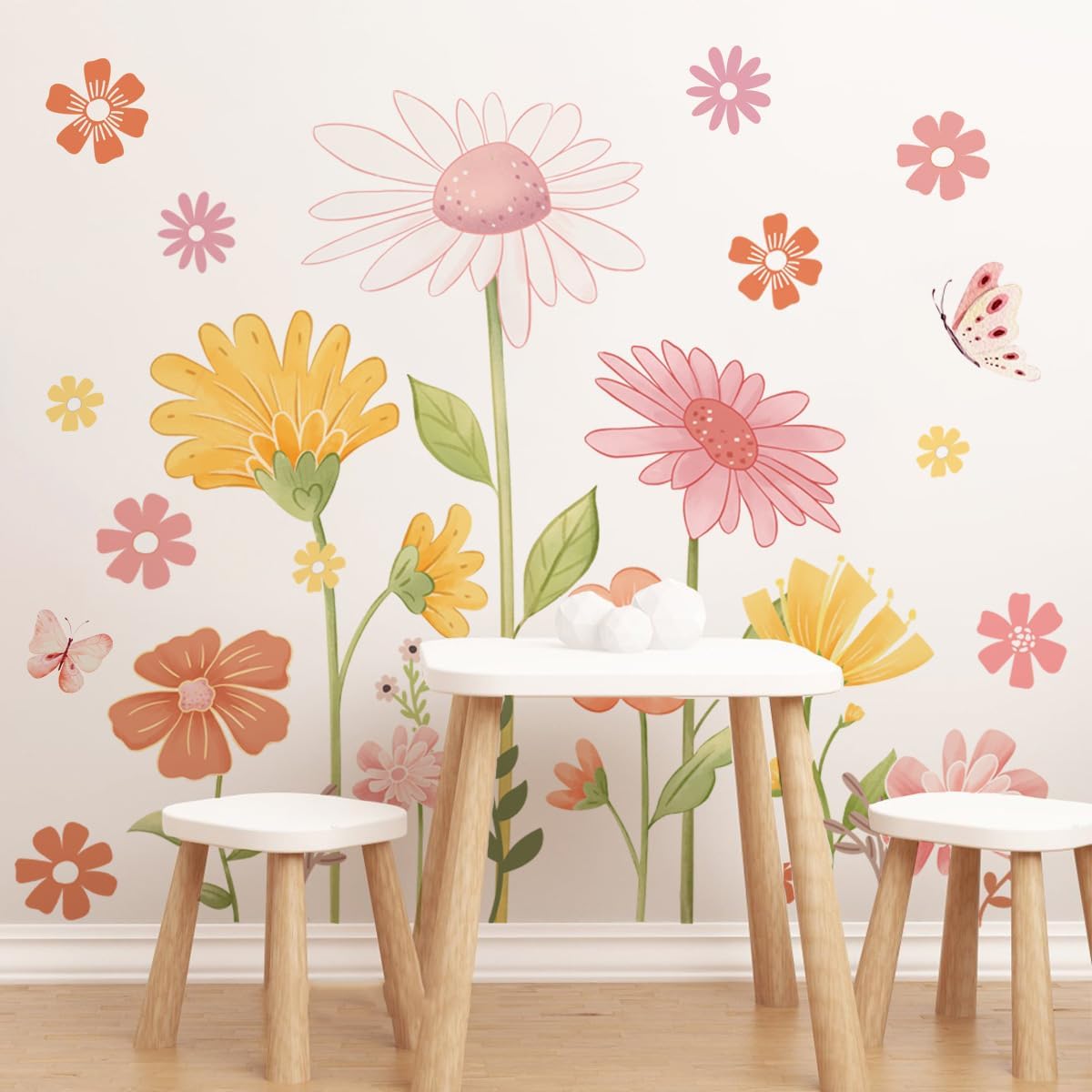 Boho Flower Wall Stickers, Daisy Butterfly Wall Decals, PVC Waterproof Self Adhesive Floral Retro Art Clings for Bedroom Living Room TV Wall Office Decor Home Decoration