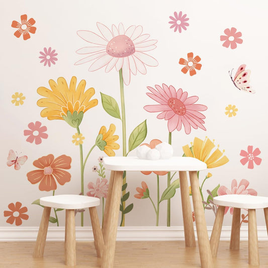 Boho Flower Wall Stickers, Daisy Butterfly Wall Decals, PVC Waterproof Self Adhesive Floral Retro Art Clings for Bedroom Living Room TV Wall Office Decor Home Decoration