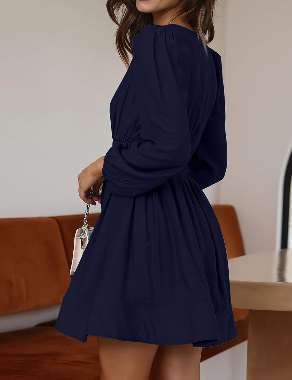 FAIABLE Mini Deep V Sexy Long Sleeve Dress for Women A-line High Waisted Casual Flowy Dress for Cocktail Wedding Guest