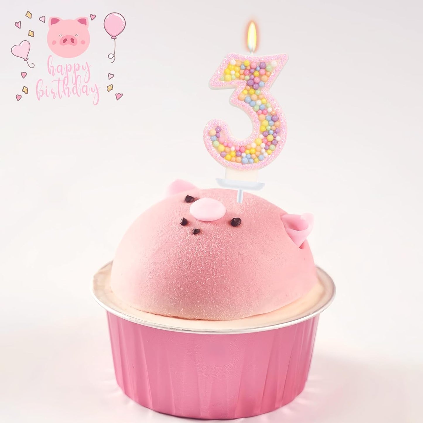 Birthday Candles for Girls - Number 3 Candle, Colorful Macaron Candles, 3 Cake Topper, 3rd Birthday Decorations for Girls, Pig Cartoon Theme Birthday Party Supplies (Pink)