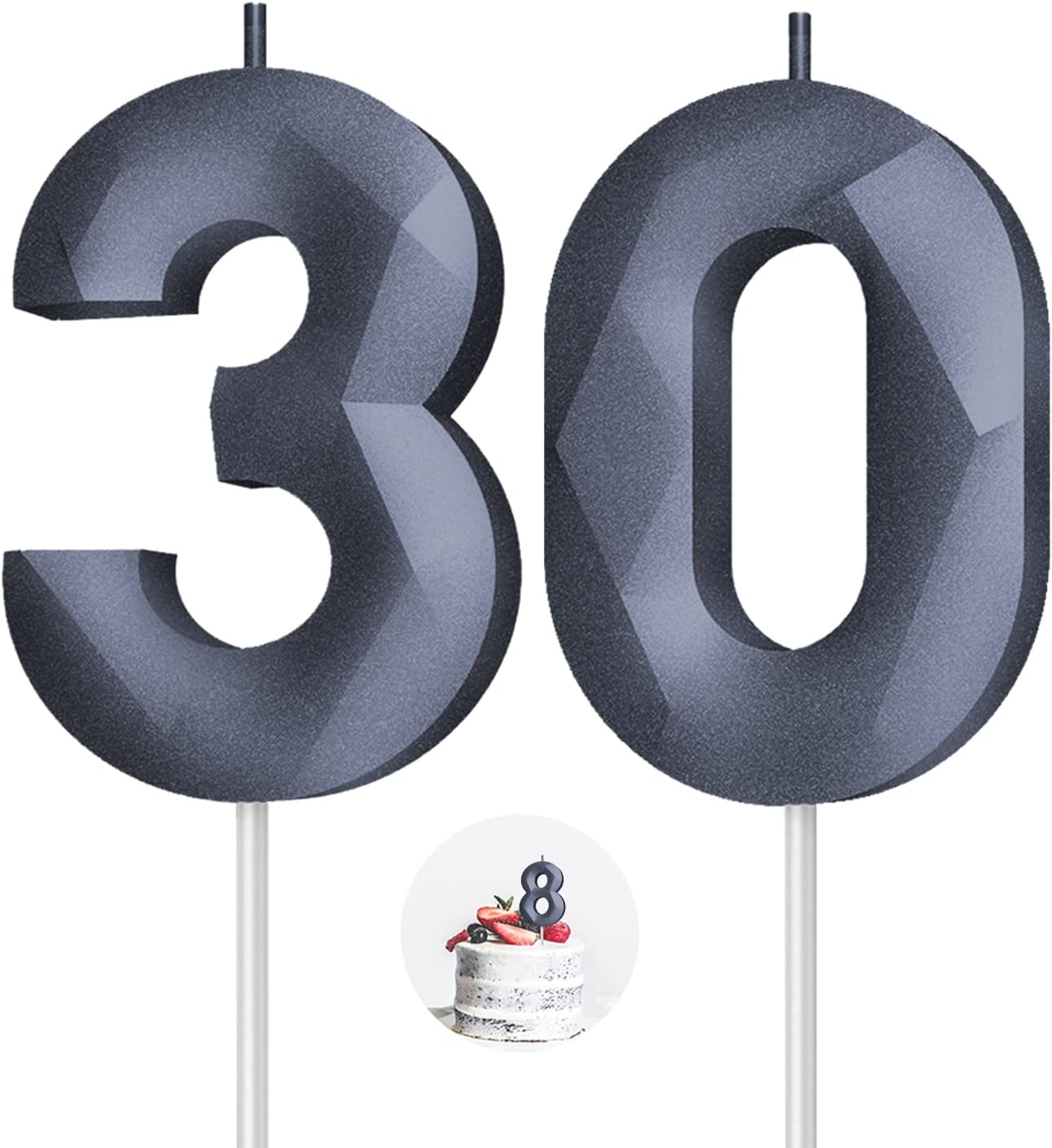 Number Birthday Candles(30 Candle Black) 3D Diamond Shape 30th Happy Birthday Cake Topper Decorations for her him Birthday Wedding Anniversary Celebration Theme Party Supplies