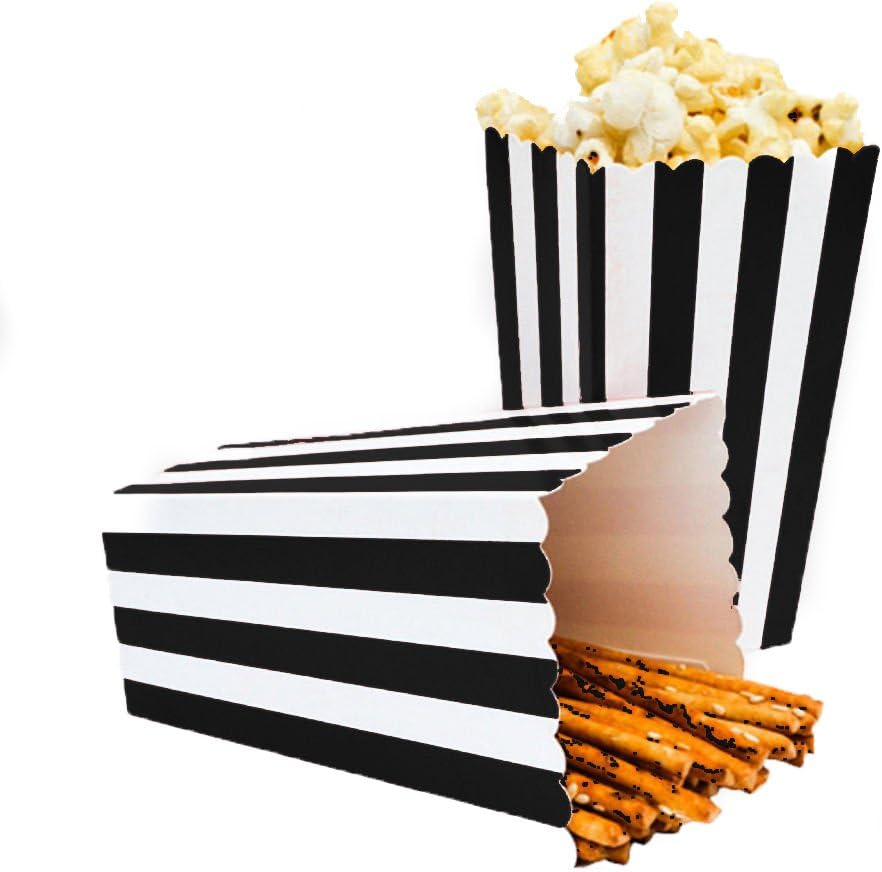24pcs Striped Paper Popcorn Boxes for Party Favor Supplies (Black)