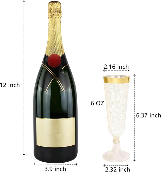 WDF Champagne Flutes, 36 Pack Gold Plastic - Glitter, Disposable Champagne Flutes for Party/Wedding/Thanksgiving, 6oz, BPA Free