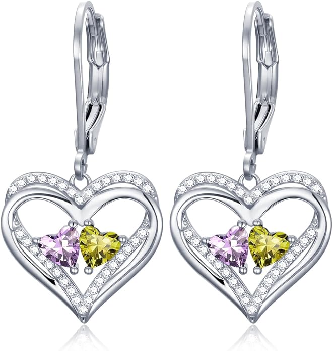 Valentines Day Gifts for Women, Heart Leverback Earrings Double Birthstone Dangle Earrings for Women, Love Jewelry for Her, Anniversary Birthday Gift for Mom Wife Girlfriend