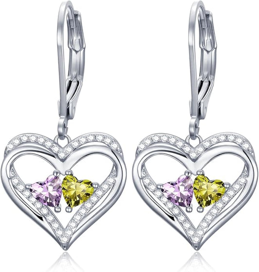 Valentines Day Gifts for Women, Heart Leverback Earrings Double Birthstone Dangle Earrings for Women, Love Jewelry for Her, Anniversary Birthday Gift for Mom Wife Girlfriend