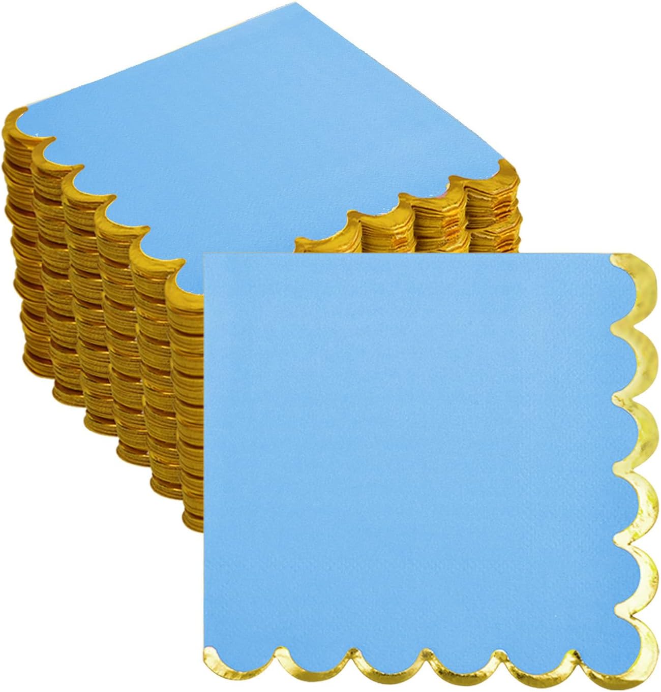 200 Pack Blue Paper Napkins Gold Foil Scalloped Cocktail Napkins Blue Disposable Beverage Napkins for Blue Themed Party Supplies Birthday Baby Shower Wedding Dinnerware Tableware Decorations