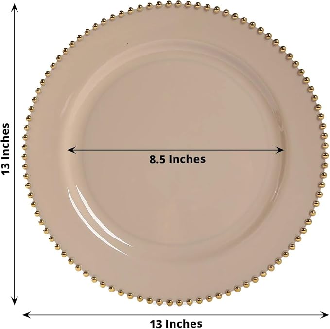 Efavormart 10-Pack Economy Plastic Charger Plates 13" Round Taupe with Gold Beaded Rim - Stylish Dinner Party Serving Plates