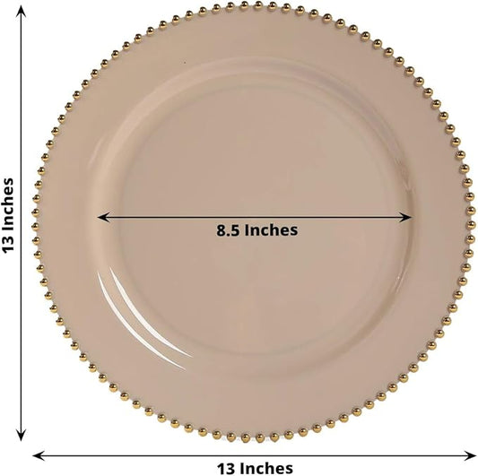 Efavormart 10-Pack Economy Plastic Charger Plates 13" Round Taupe with Gold Beaded Rim - Stylish Dinner Party Serving Plates