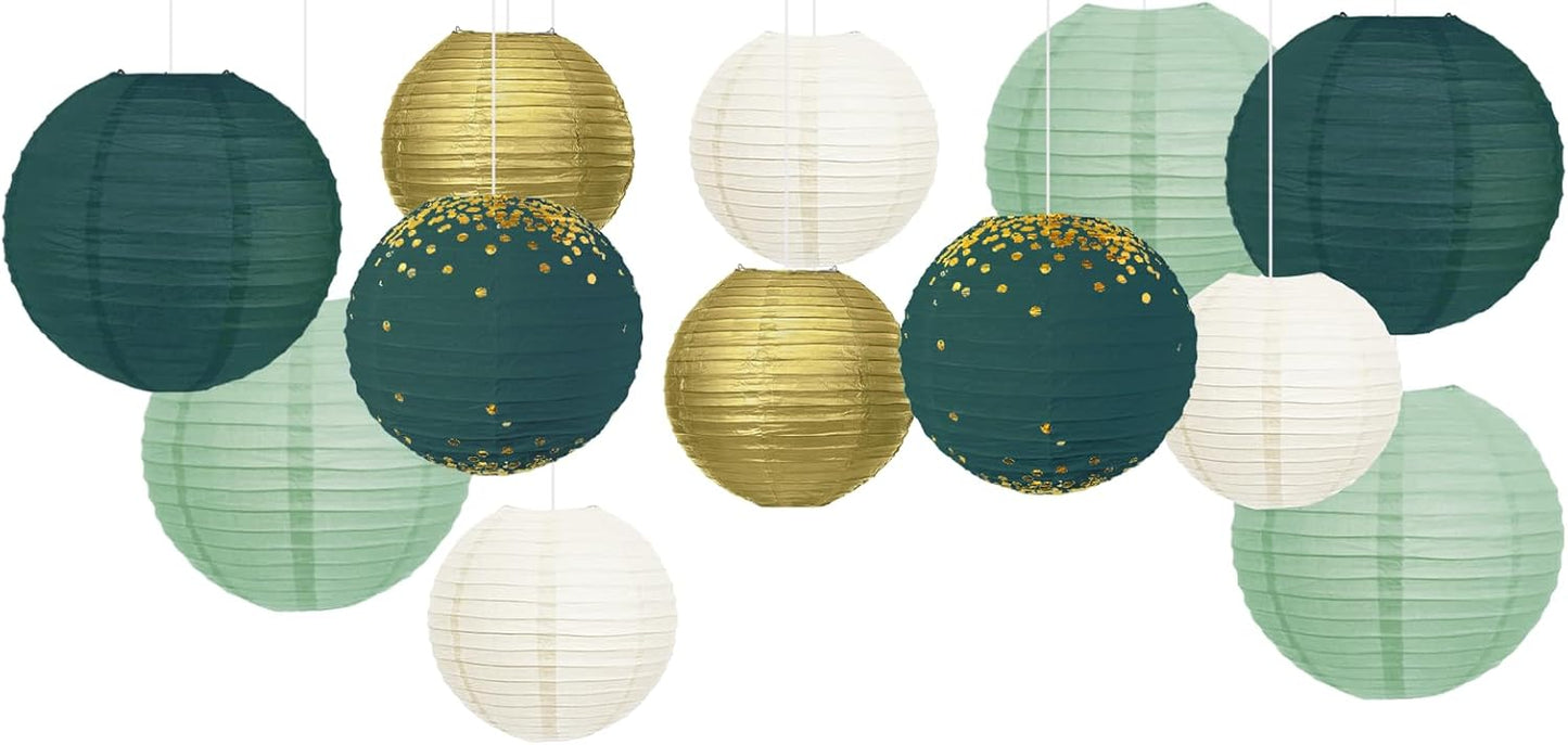 NICROLANDEE Green Wedding Party Decorations - 12PCS Green Gold Paper Lanterns for St Patrick's Day Bridal Shower Baby Shower Birthday Eucalyptus Neutral Garden Party Decor