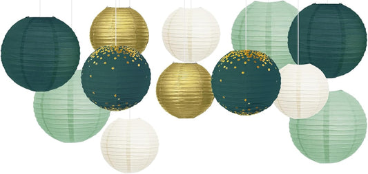 NICROLANDEE Green Wedding Party Decorations - 12PCS Green Gold Paper Lanterns for St Patrick's Day Bridal Shower Baby Shower Birthday Eucalyptus Neutral Garden Party Decor