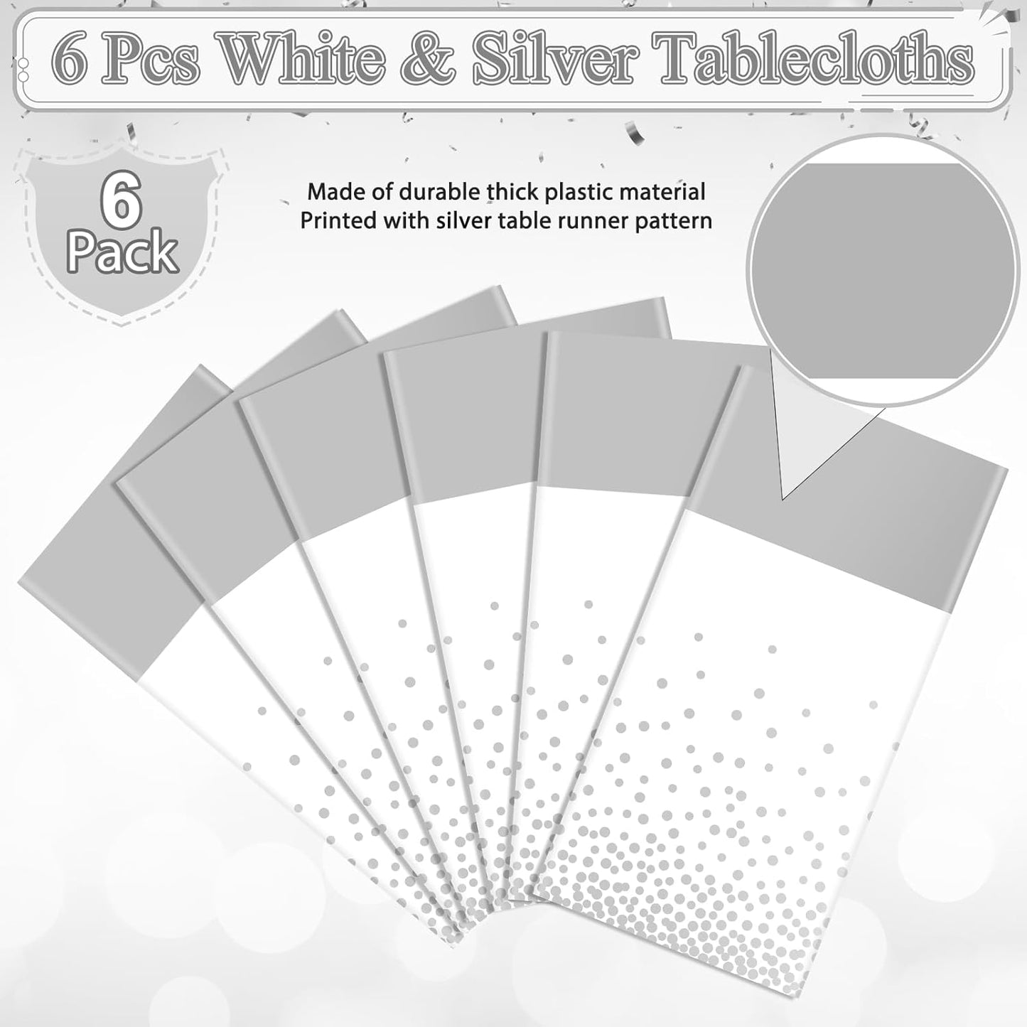 MASHAN 6Pcs White and Silver Polka Dot Plastic Tablecloth, 54x108 Inch, Rectangular, Waterproof, Spill-proof, Stain Resistant, Ideal for Various Themed Parties, 6 Count