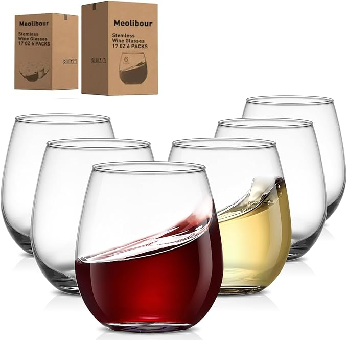 Large Stemless Wine Glasses Set of 6, 17 Ounces Red & White Wine Glasses Tumbler for Party, Clear Drink Glasses, Ideal Wine Accessories Gift, Lead-free, Dishwasher Safe