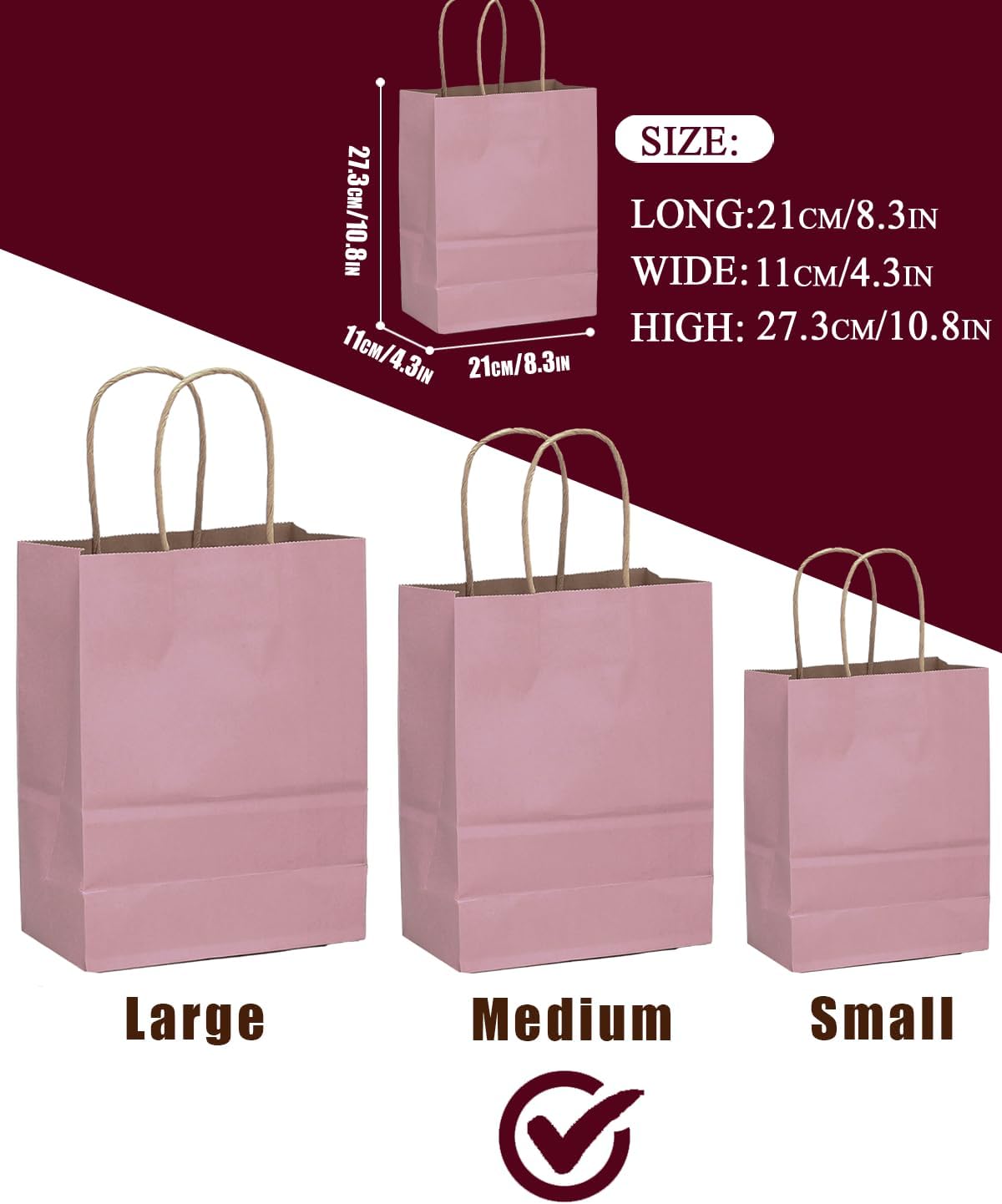 qiqee 100PCS Gift Bag with Handles Bulk Pink Purple Paper Bags Multiple Uses (11"x5"x8" Medium Size)