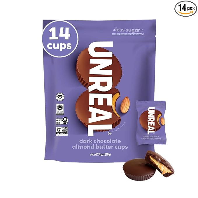 UNREAL Dark Chocolate Almond Butter Cups | 5g Sugar | Certified Vegan, Gluten Free, Fair Trade, Non-GMO | No Sugar Alcohols or Soy | 210 Grams
