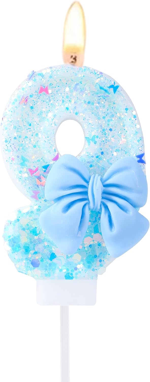 9 Birthday Candles Blue Bow Number 9 Cake Candles, 9th Cake Topper Decorations for Kids Pets Pastel Birthday Party Supplies (Number 9)