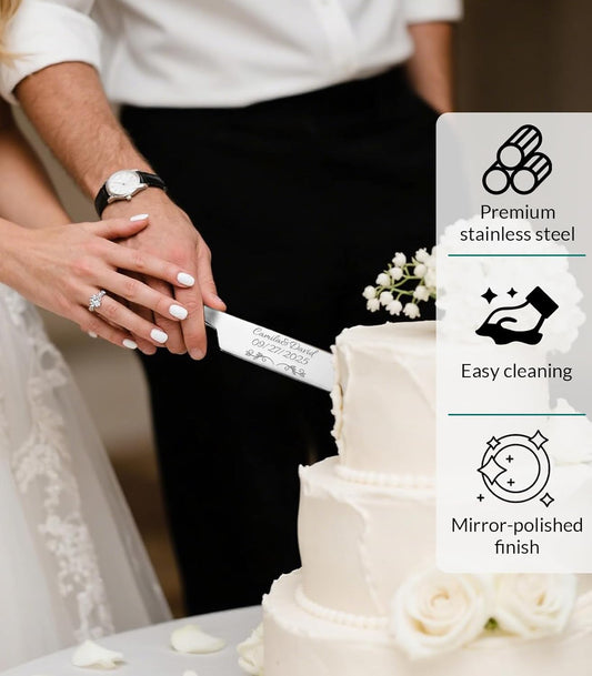 HJX Personalized Wedding Cake Knife and Server Set, Custom Names Cake Cutting Set, Customized Knife and Cake Server Set Gift for Bridal Anniversary Birthday Wedding Registry (Silver)
