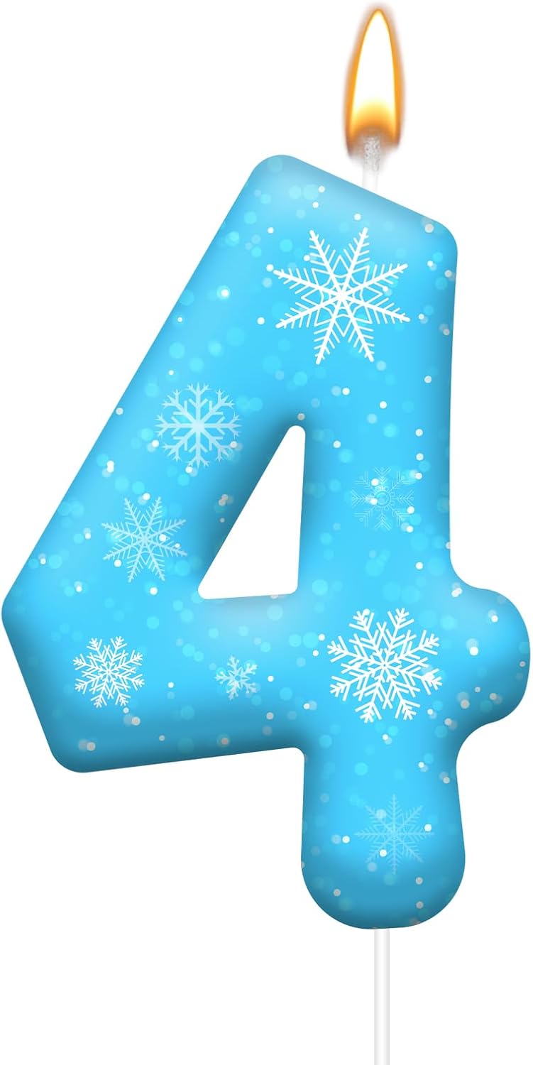 White and Blue Frozen Themed Party Birthday Candles - Blue Number Candles Snowflake Themed Party Decorations, Girls Party Supplies(Number 4)
