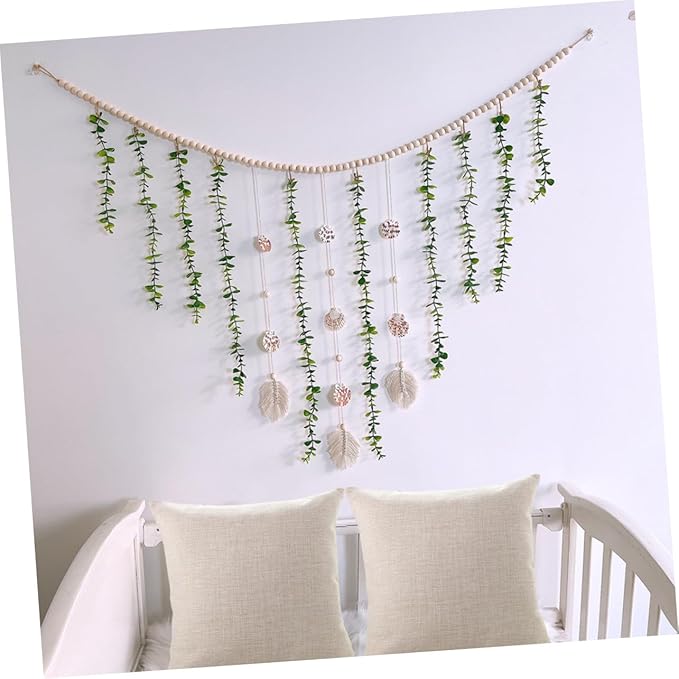 Artificial Eucalyptus Wooden Bead Garland Hanging Ornament with Leaf Vines for Bedroom Wall Decor Lightweight Rustic Farmhouse Style Vines Decoration
