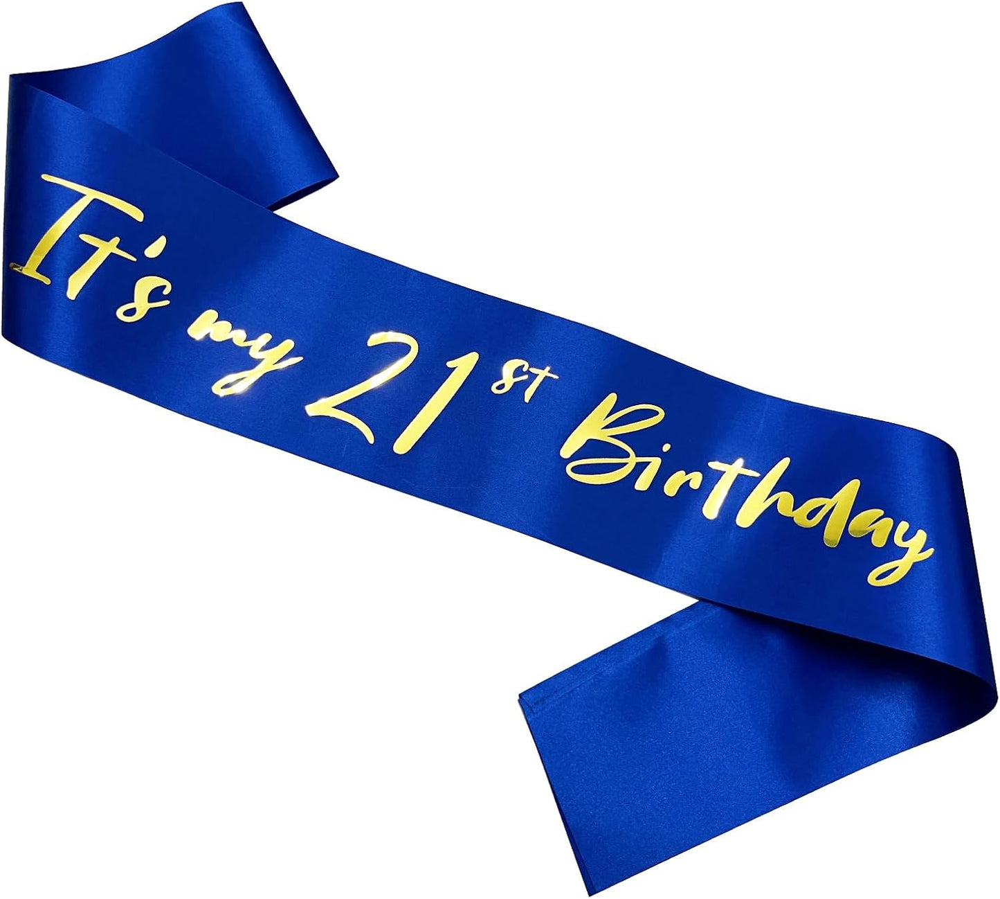 21st Birthday Sash, Blue Satin Soft Sashes with Gold Foil Letter, Birthday Decorations for Girls or Boys, Happy 21st Birthday Party Favor Supplies,Blue Gold