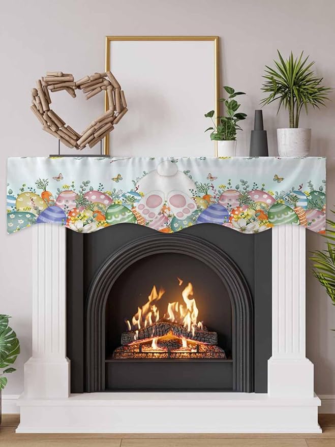 Cute Easter Bunny Fireplace Mantel Scarf Table Runner, Eucalyptus Leaves Colorful Eggs Teal Winter Garland Mantel Top Tablerunners Dresser Scarves Cover for Windows Party Living Room 70''x17''