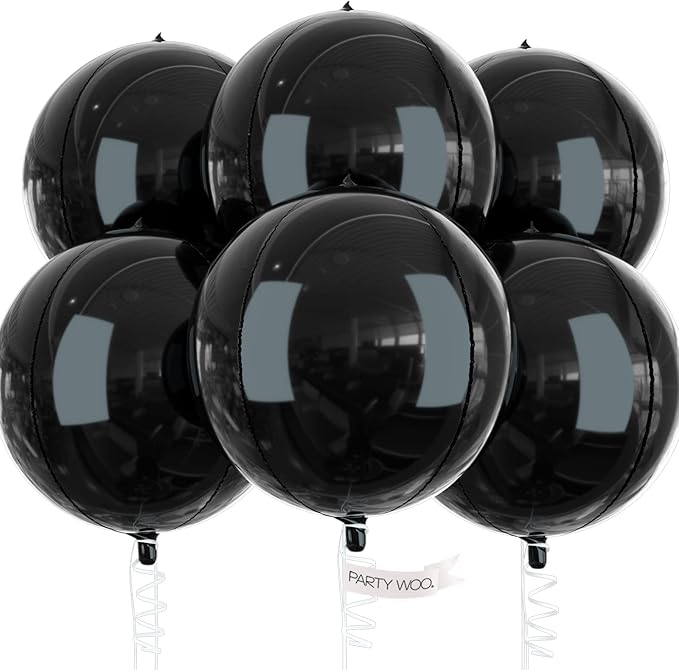 PartyWoo Black Foil Balloons 6pcs 22 Inch Large Round Foil Big Giant 4D Jumbo Inflatable Mirror Ball Mylar Balloons for Halloween Graduation Birthday Retirement Anniversary Party Decorations