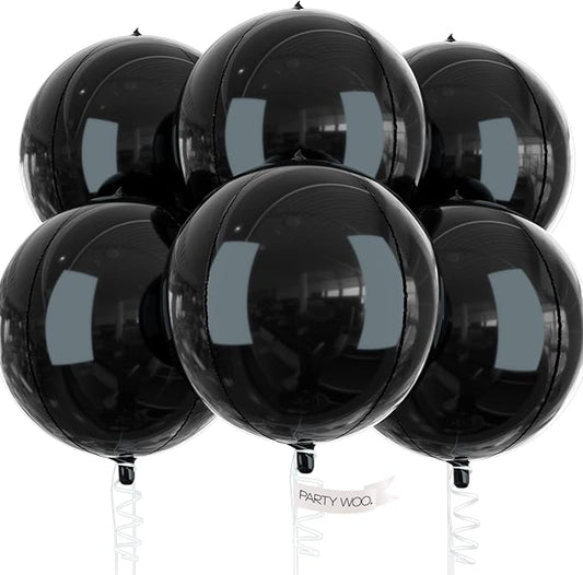 PartyWoo Black Foil Balloons 6pcs 22 Inch Large Round Foil Big Giant 4D Jumbo Inflatable Mirror Ball Mylar Balloons for Halloween Graduation Birthday Retirement Anniversary Party Decorations