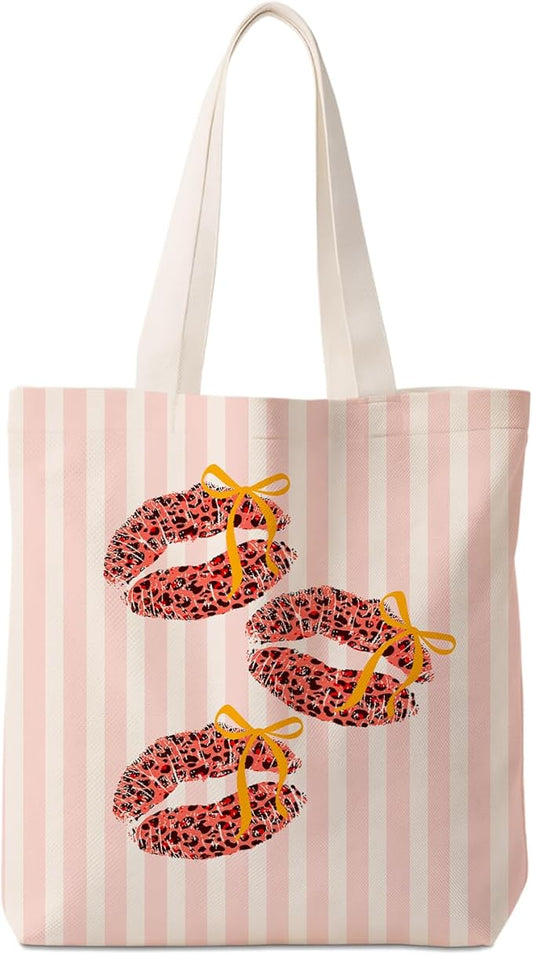 Coquette Bow Red Leopard Lip Tote Bag for Women,Trendy Cheetah Print Canvas Tote Bag for Girls,Girly Leopard Lip Print Aesthetic Reusable Shopping Grocery Bags Party Favors