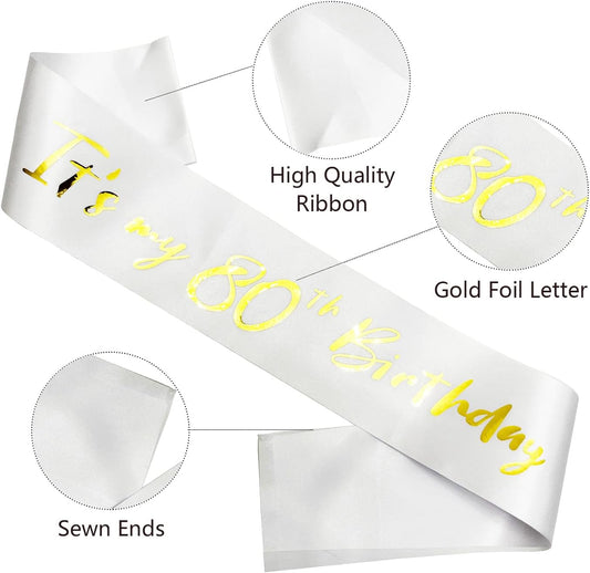 80th Birthday Sash, It's My 80th Birthday Sash White Gold, 80 Birthday Decorations Gifts for Women Men Happy 80th Birthday Party Favor Supplies