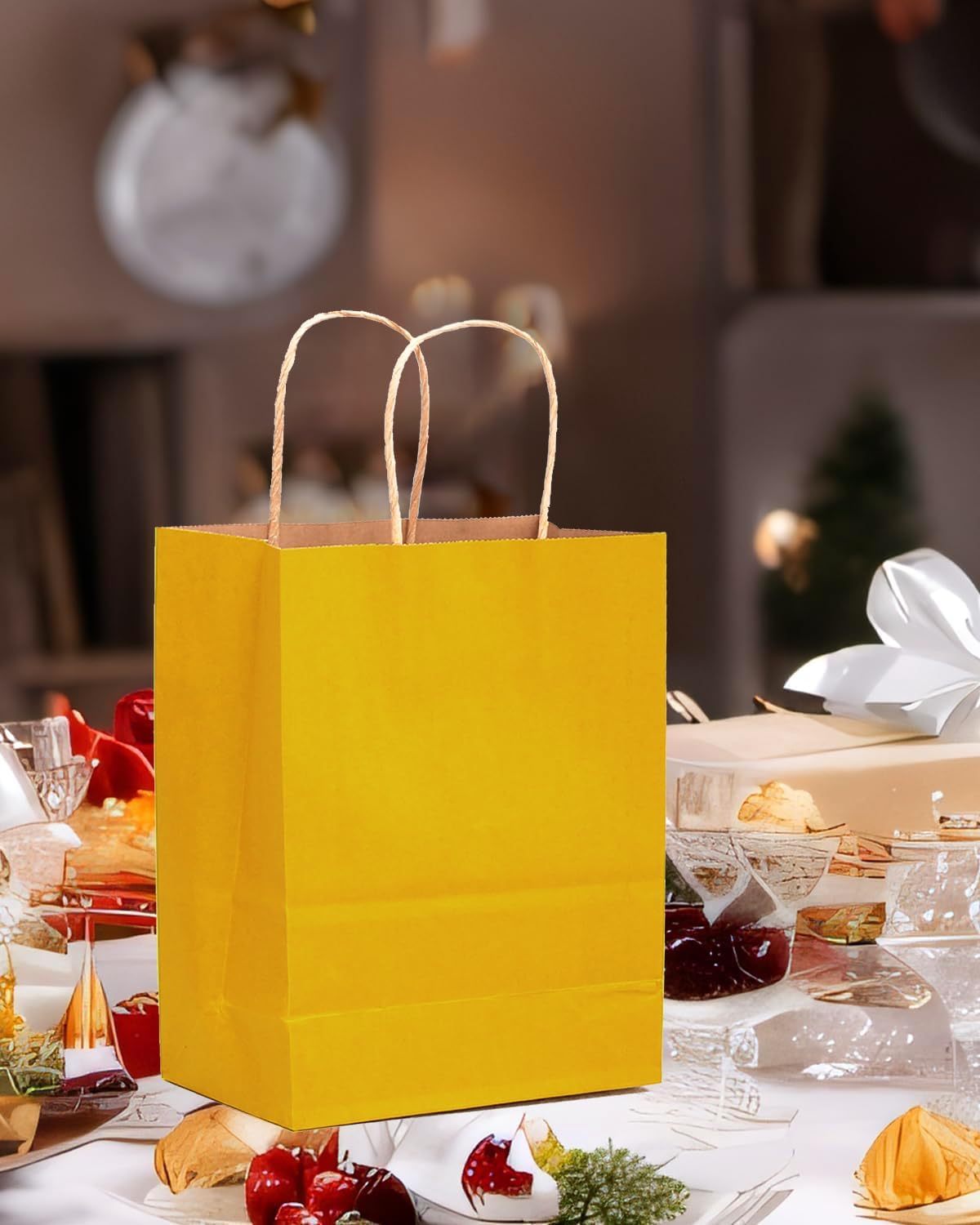 qiqee 100PCS Gift Bag with Handles Bulk Bright Yellow Paper Bags Multiple Uses (11"x5"x8" Medium Size)