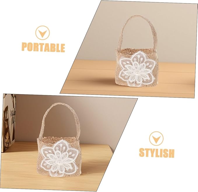 BESPORTBLE Mini Burlap Flower Girl Basket with 6pcs Linen Candy Bags Rustic Wedding Floral Party Favor Basket for Ceremony and Event Decoration