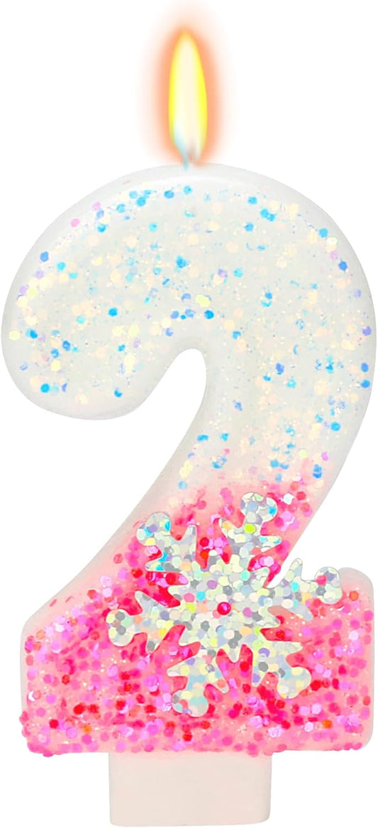 Snow Themed Birthday Candles, Snow Birthday Candle for Party Supplies, 2.76 inch 2nd Cake Topper Decoration (Number 2)