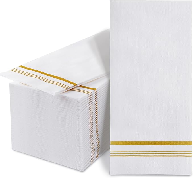50 Disposable Paper Hand Towels for Bathroom, Linen Feel Guest Towels, Soft and Absorbent Paper Towels Napkins Bulk for Home Dinner Kitchen Wedding, 12" x 17"(Gold Trim Lined)