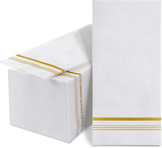 50 Disposable Paper Hand Towels for Bathroom, Linen Feel Guest Towels, Soft and Absorbent Paper Towels Napkins Bulk for Home Dinner Kitchen Wedding, 12" x 17"(Gold Trim Lined)