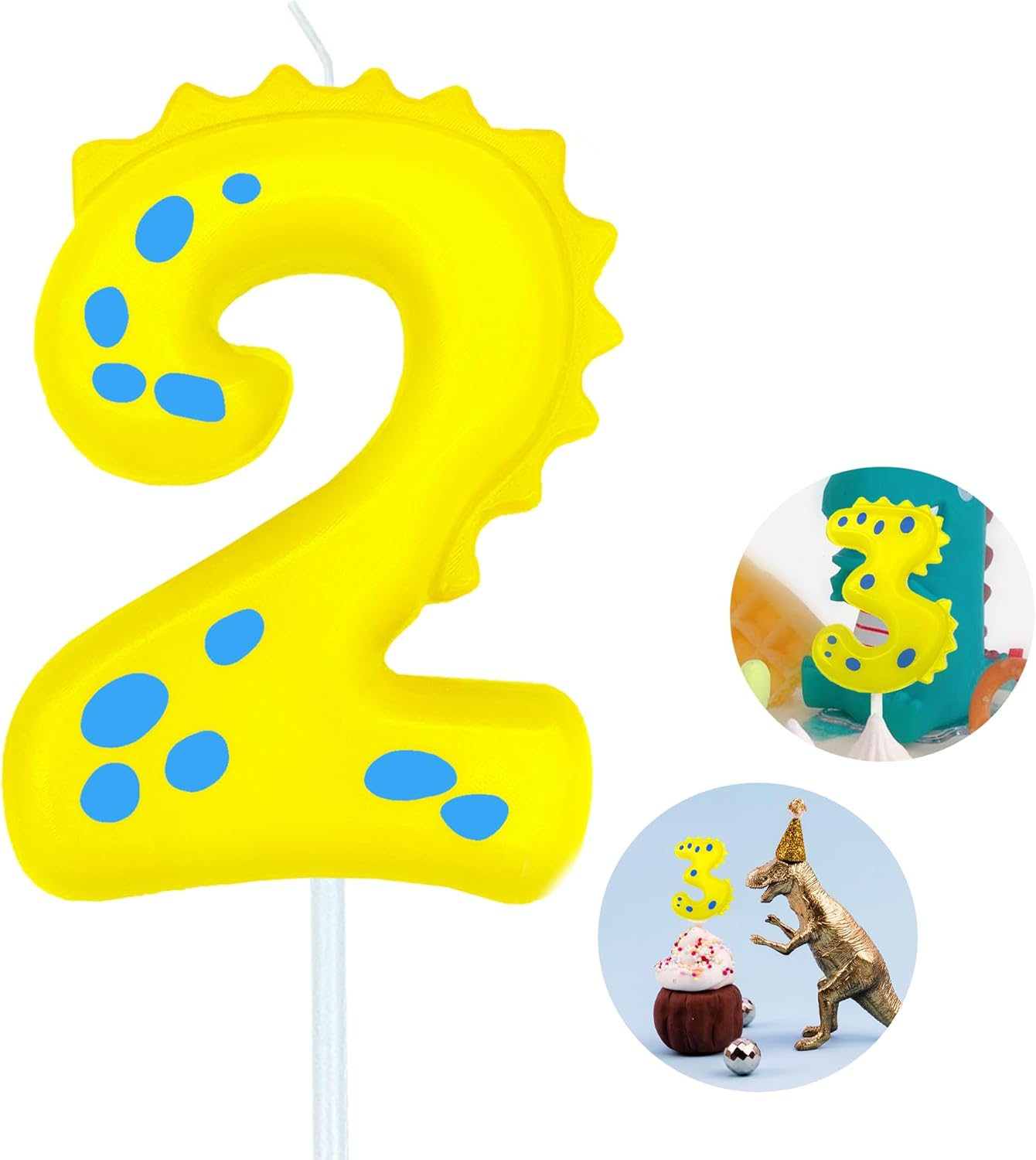 Number Birthday Candles(2 Candle Yellow) Dinosaur Shape Number Happy Birthday Cake Candles for Dinosaur Birthday Party Decoration Reunions Theme Party