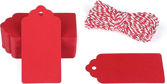 G2PLUS 100PCS Red Gift Tags with String, 2'' x 4'' Blank Paper Gift Tags with Twine for Gift Wrapping, Arts & Crafts, Wedding, Christmas, Thanksgiving, Valentine's Day