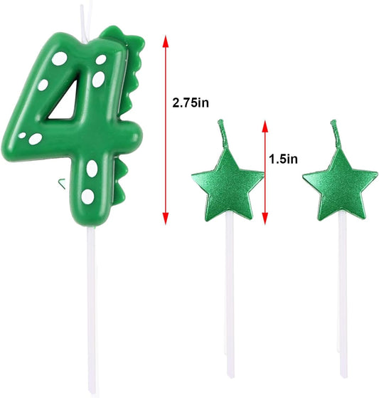 2.75 Inch Green Dinosaur Shaped 4 Number Birthday Candles and Star Birthday Candles,Suitable for Dinosaur Birthday Decorations & Themed Parties Celebration