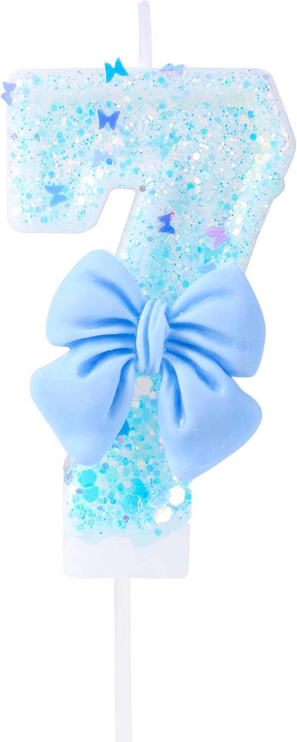 7 Birthday Candles Blue Bow Number 7 Cake Candles, 7th Cake Topper Decorations for Kids Pets Pastel Birthday Party Supplies (Number 7)
