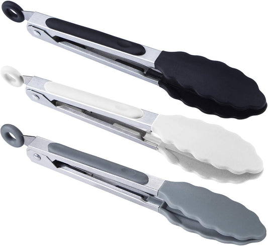 MSY BIGSUNNY Kitchen Food Tongs - 7" Mini Silicone Serving Tongs for Appetizers - Set of 3 (Black White Gray)
