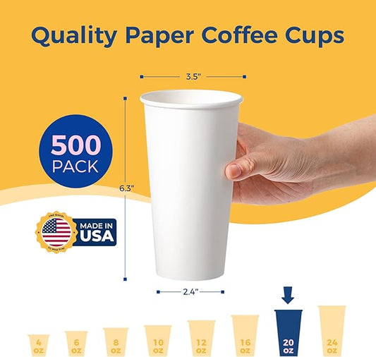 Fit Meal Prep 500 Pack 20 oz Disposable Paper Coffee Cups, Premium White Hot Cups for Hot/Cold Beverage, Durable Thickened Paper Cup Bulk for Party, Office, Bussines, Home, Bistros, Events