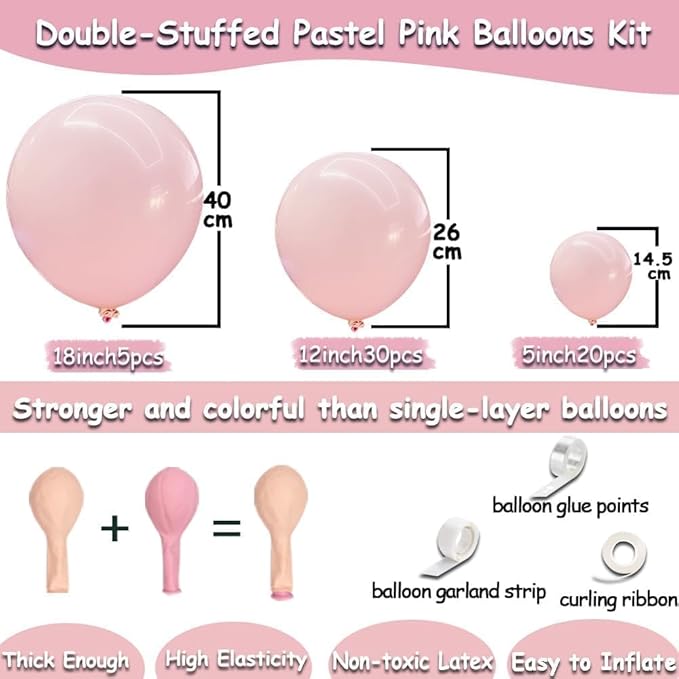 Pastel Pink Balloon Garland Double Stuffed Light Baby Pink Balloon Arch Kit Different Sizes 18/12/5 Inch Latex Color for Baby Shower Birthday Bridal Wedding Gender Reveal Princess Party Decorations
