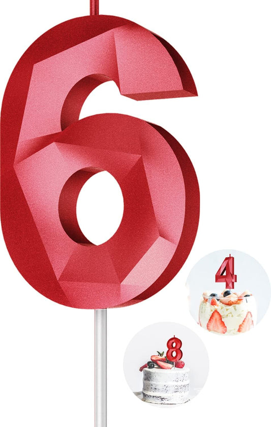 Number Birthday Candles(6 Candle Red) 3D Diamond Shape Number Happy Birthday Cake Candles for Birthday Party Wedding Decoration Reunions Theme Party