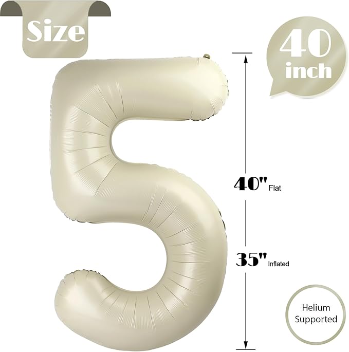 Cream 5 Balloon, Number Balloons 40 Inch, 5th Birthday Balloons Decorations, Cream Party Supplies, 5 Number Balloons, Number 5 Balloon