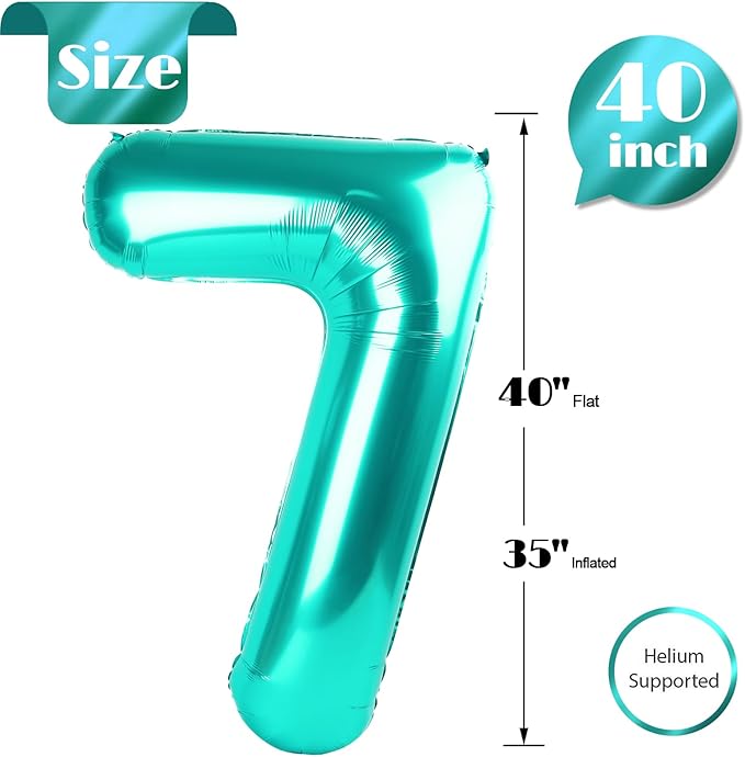 Teal Blue 7 Balloon, Number Balloons 40 Inch, 7th Birthday Decorations for Girls Kids, Party Decoration for Women, Number 7 Balloon