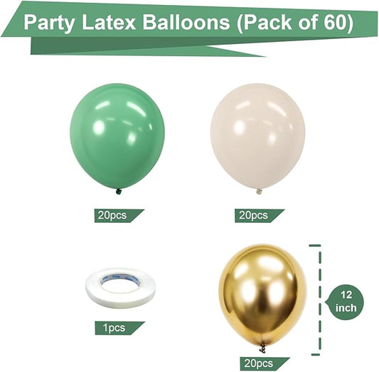 Bezente Sage Green Gold White Balloons Kit - 60pcs 12 inch Sage Green Sand White Latex Balloons Metallic Gold Helium Balloons for Birthday Engagement Wedding Baby Shower Party Event Decorations