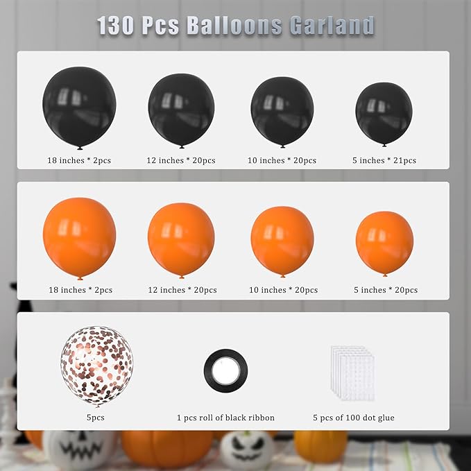 Orange and Black Balloons Arch Kit,130 pcs Black Latex Balloons,Different Sizes Orange Balloons for Halloween Party,Graduation Decorations