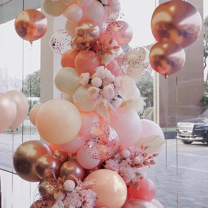 MEBAY 147PCS Rose Gold Balloon Garland Arch Kit, Pearl Rose Gold Metallic White Nude Balloons with Confetti for Wedding Bridal Shower Princess Party Girl Birthday Baby Shower Decorations