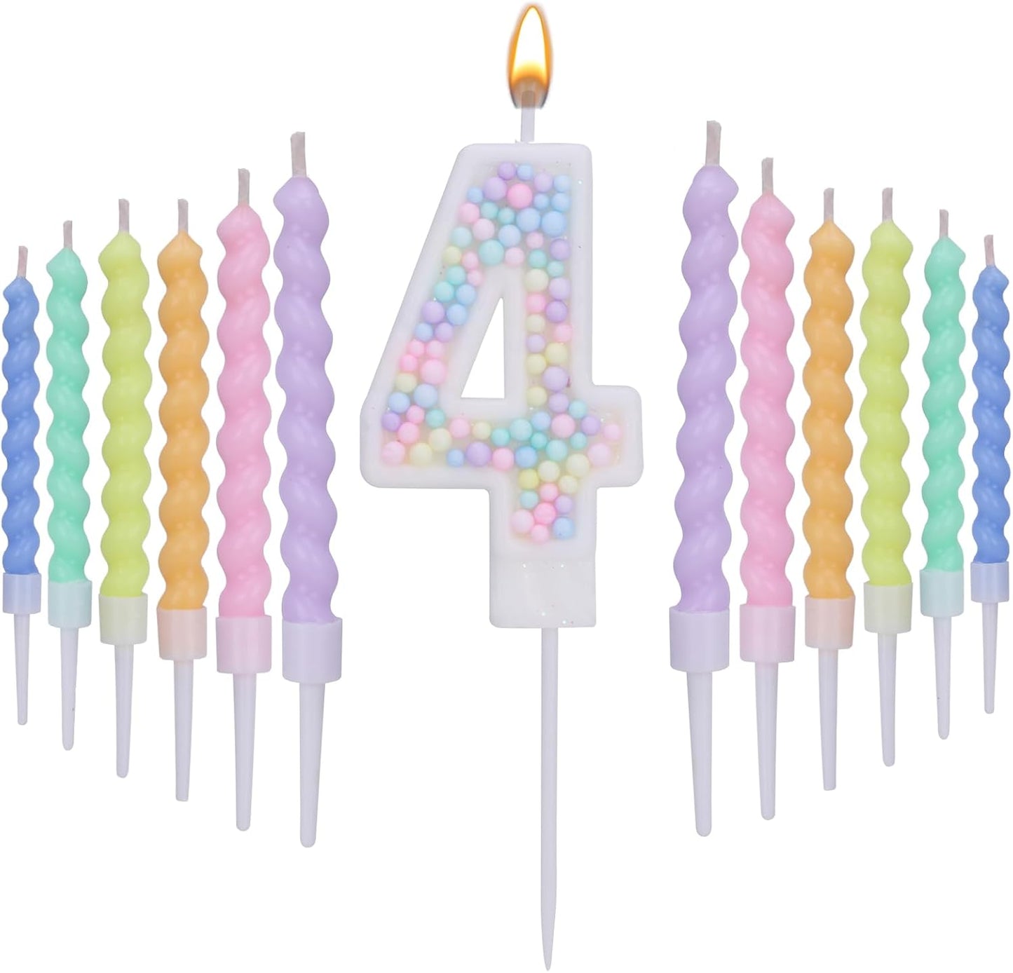 Number 4 Birthday Candles for Cake with 15 Pieces Spiral Candles with Macaron Pastel Rainbow Pink Cake Toppers for Girls Happy Birthday Party Decorations