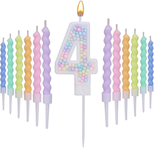 Number 4 Birthday Candles for Cake with 15 Pieces Spiral Candles with Macaron Pastel Rainbow Pink Cake Toppers for Girls Happy Birthday Party Decorations