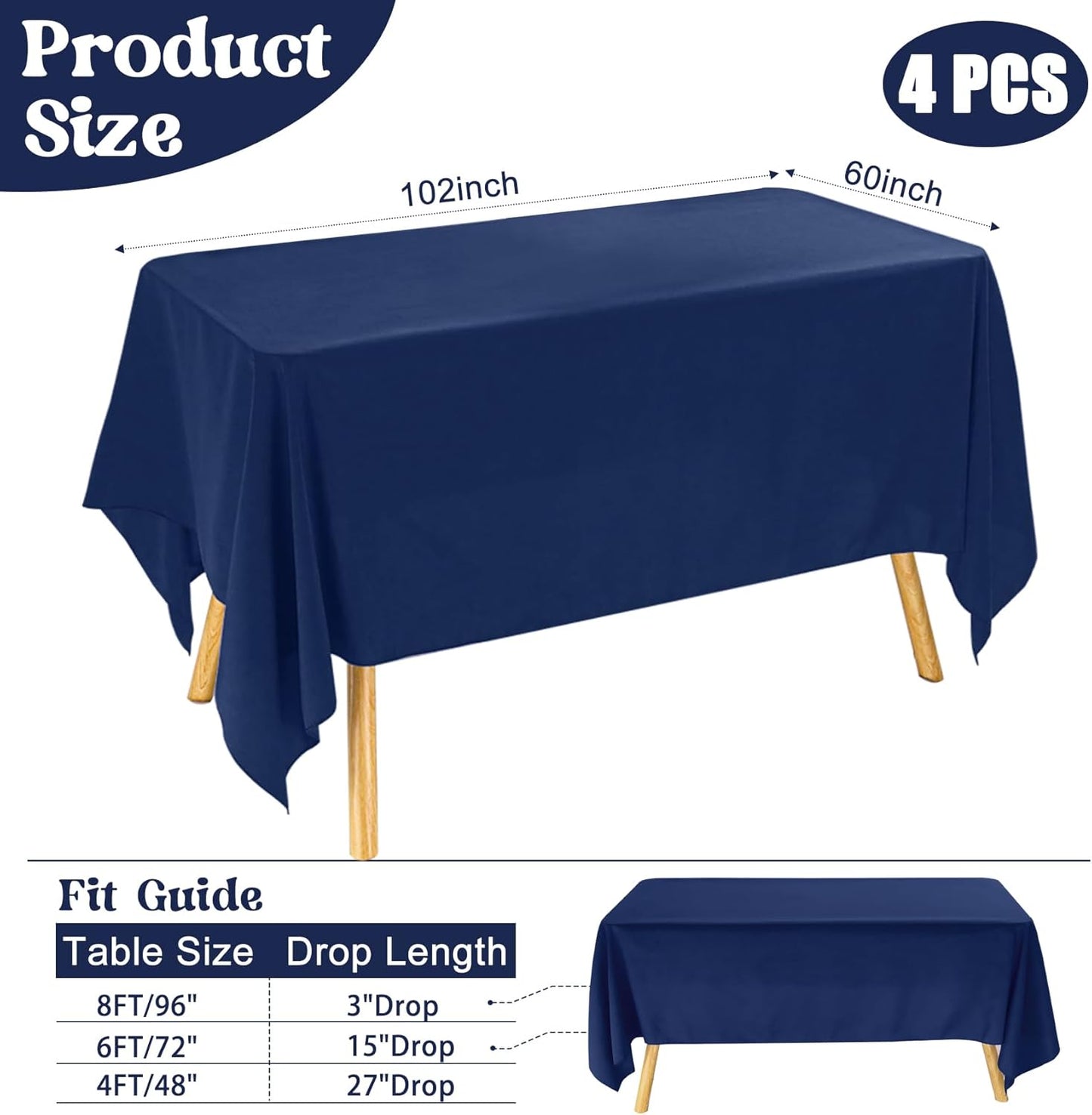 4 Pack Navy Blue Rectangle Polyester Tablecloth 60x102 Inch Washable Polyester Table Cover for Wedding Dining Table Buffet Parties Banquet Decor
